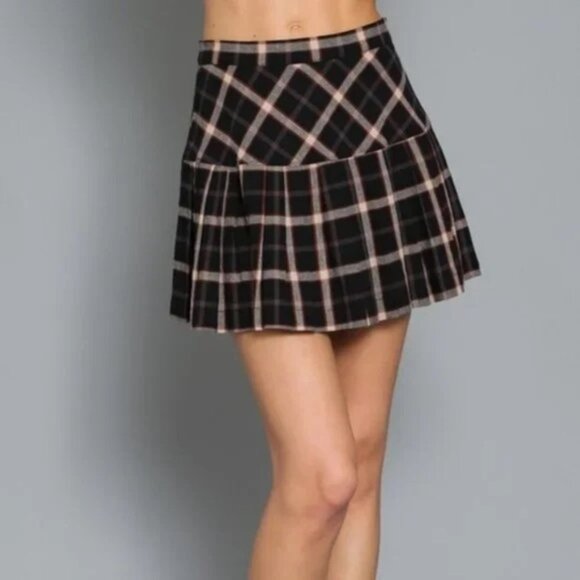 Aakaa Pleated Plaid Mini Skirt High Rise waist Brown Size Small Preppy Academia - Picture 11 of 11